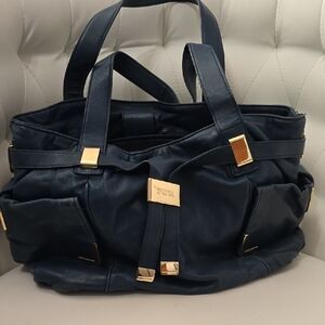 Michael Kors Navy Leather Tote with Gold Hardware